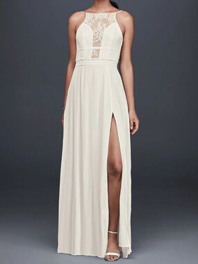 NBD White Maxi Dress Illusion Lace Inset Plunge Open Back XS NWT